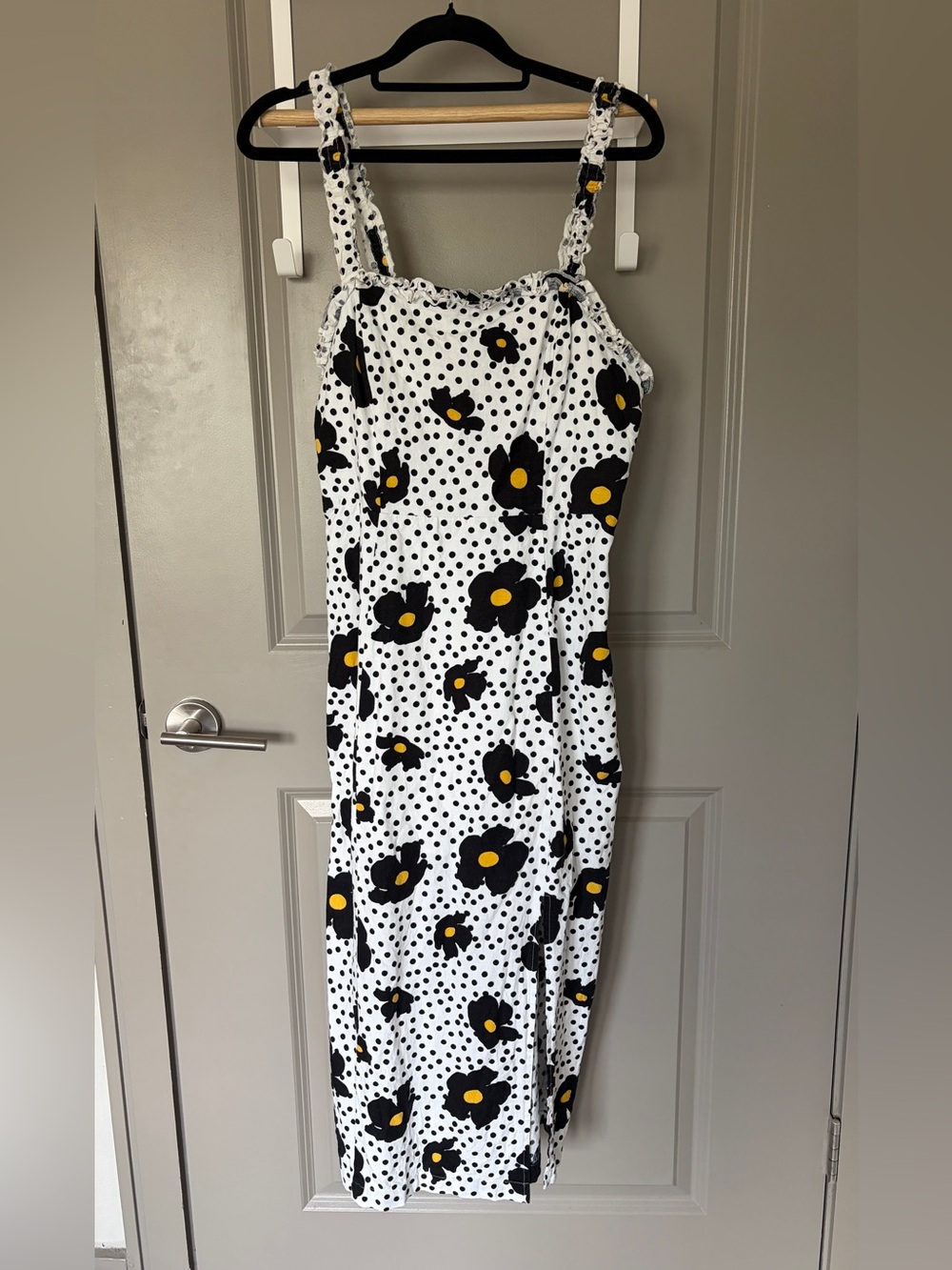 Urban Outfitters White Polka Dot Dress with Black & Yellow Floral Print